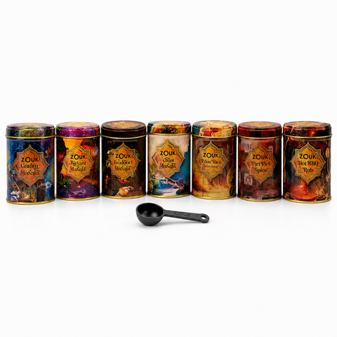 Zouk spice tin bundles with seven 60g tins and free measuring spoon