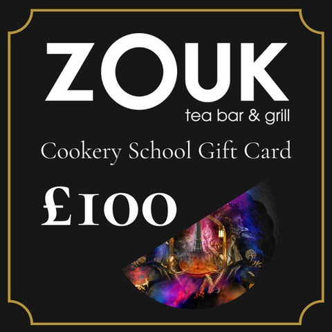 ZOUK tea bar & grill cookery school gift card worth £100 on a black background