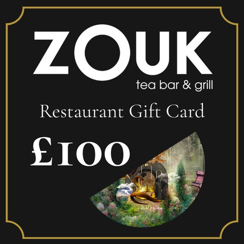 ZOUK tea bar & grill restaurant gift card with £100 value on a black background