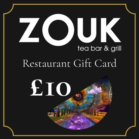 ZOUK tea bar & grill £10 restaurant gift card with a colorful design on a black background