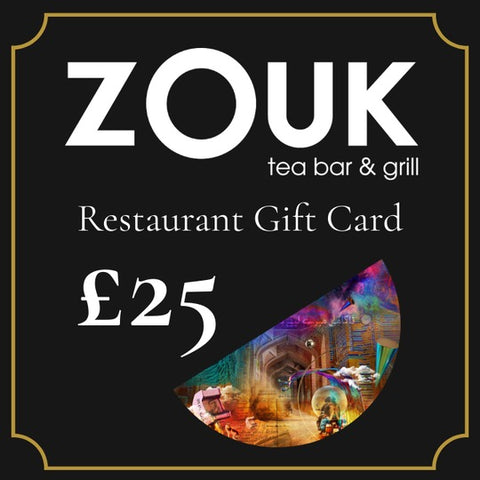 ZOUK tea bar & grill restaurant gift card with £25 value on a black background