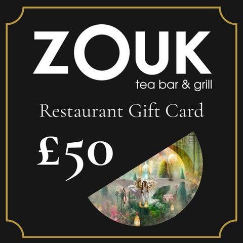 ZOUK tea bar & grill restaurant gift card with £50 value on a black background