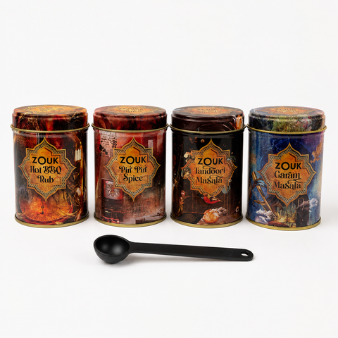 Zouk BBQ Spice Collection with Hot BBQ Rub, Piri Piri, Tandoori Masala, Garam Masala and free measuring spoon